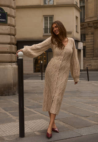 Cable Knitted Volume Sleeve Cardigan Dress