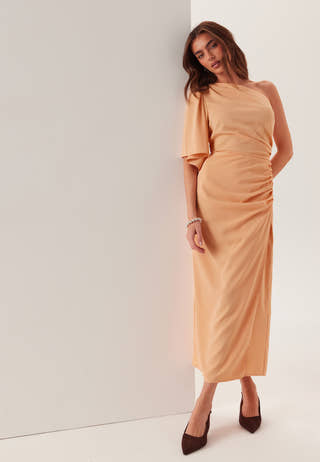 Ruched One Shoulder Midi Dress