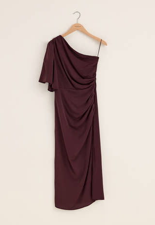 Ruched One Shoulder Midi Dress Red