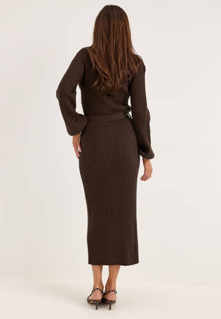 Rib Knitted Cardigan Dress Brown