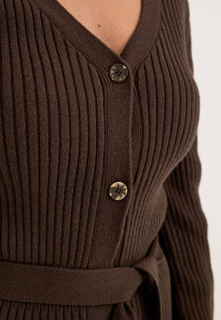 Rib Knitted Cardigan Dress Brown