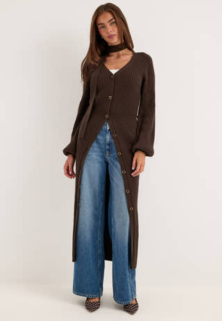 Rib Knitted Cardigan Dress Brown