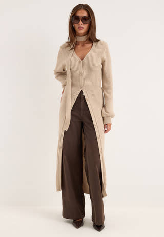 Rib Knitted Cardigan Dress Beige
