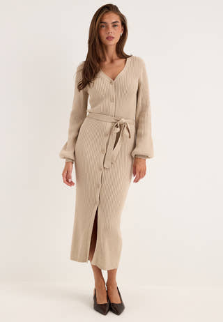 Rib Knitted Cardigan Dress Beige