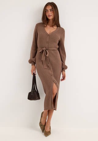 Rib Knitted Cardigan Dress Brown