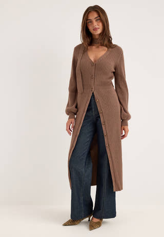 Rib Knitted Cardigan Dress Brown
