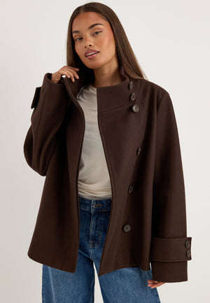 High Neck Short Coat Brown