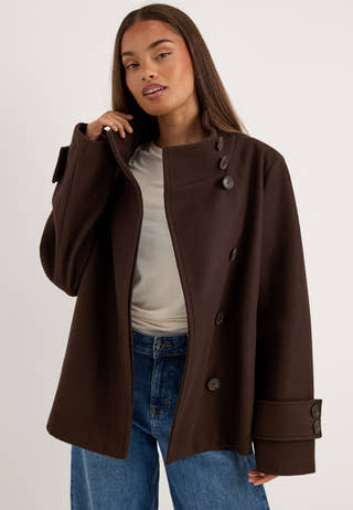 High Neck Short Coat Brown