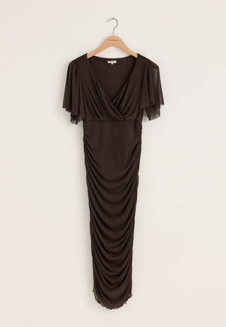 Butterfly Sleeve Mesh Ankle Dress Brown