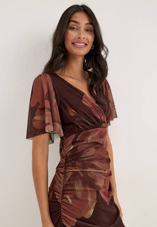Butterfly Sleeve Mesh Ankle Dress Floral
