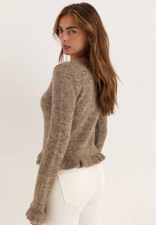 Knitted Frill Cardigan Beige