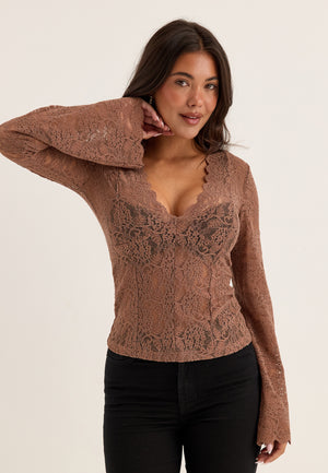 Long Sleeve Lace Top Beige