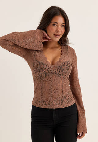 Long Sleeve Lace Top Beige
