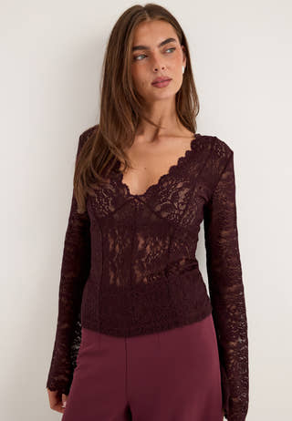 Long Sleeve Lace Top Red