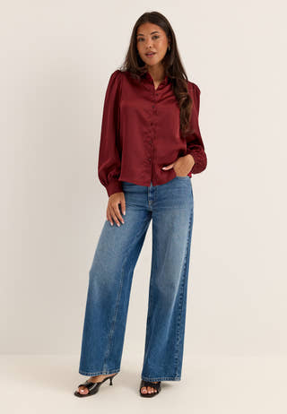 Puff Sleeve Satin Shirt Red
