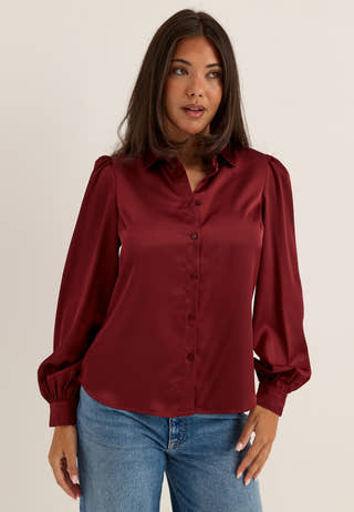 Puff Sleeve Satin Shirt Red