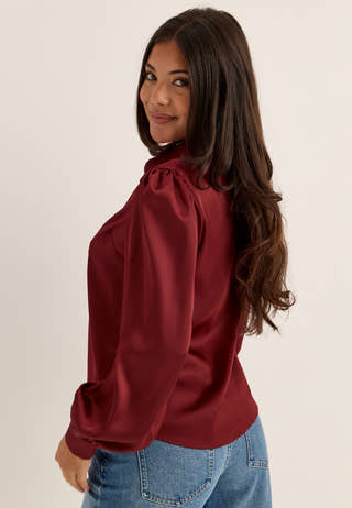 Puff Sleeve Satin Shirt Red