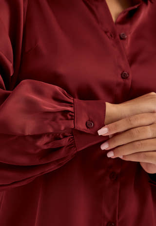 Puff Sleeve Satin Shirt Red