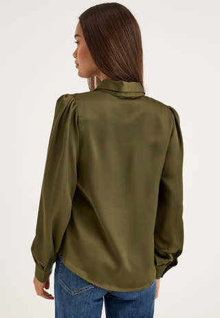 Puff Sleeve Satin Shirt Green