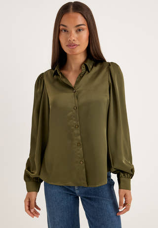 Puff Sleeve Satin Shirt Green