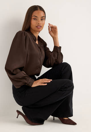 Puff Sleeve Satin Shirt Brown