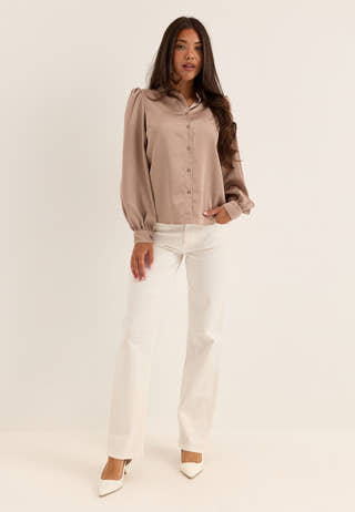 Puff Sleeve Satin Shirt Beige