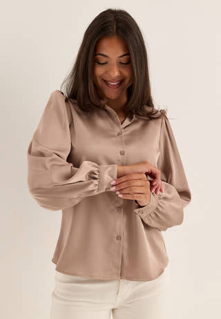 Puff Sleeve Satin Shirt Beige