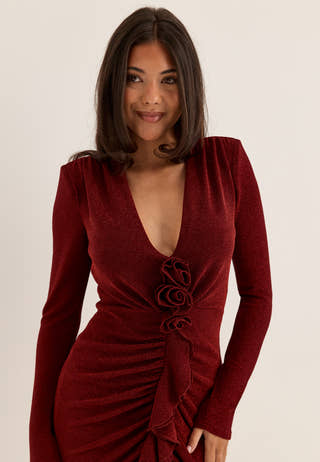 Sparkling Low V-neck Slit Gown Red