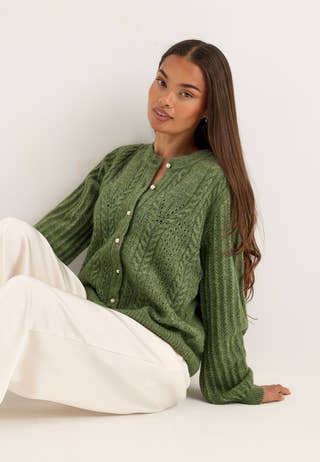 Objflora Re Ls Knit Button Cardigan Green