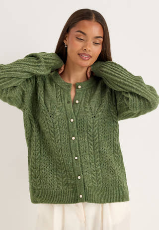 Objflora Re Ls Knit Button Cardigan Green