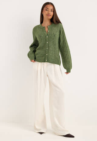 Objflora Re Ls Knit Button Cardigan Green