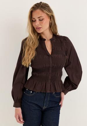 V-neck Cotton Smock Blouse Brown