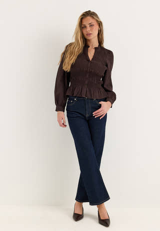 V-neck Cotton Smock Blouse Brown