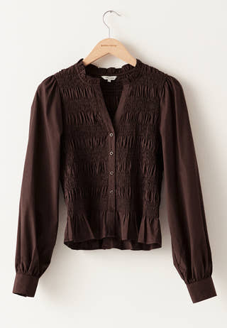 V-neck Cotton Smock Blouse Brown