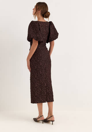 Puff Sleeve Jacquard Midi Dress Brown
