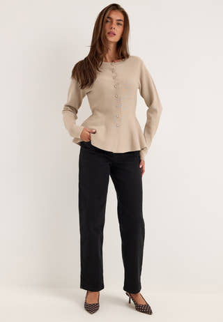 Knitted Peplum Cardigan Beige