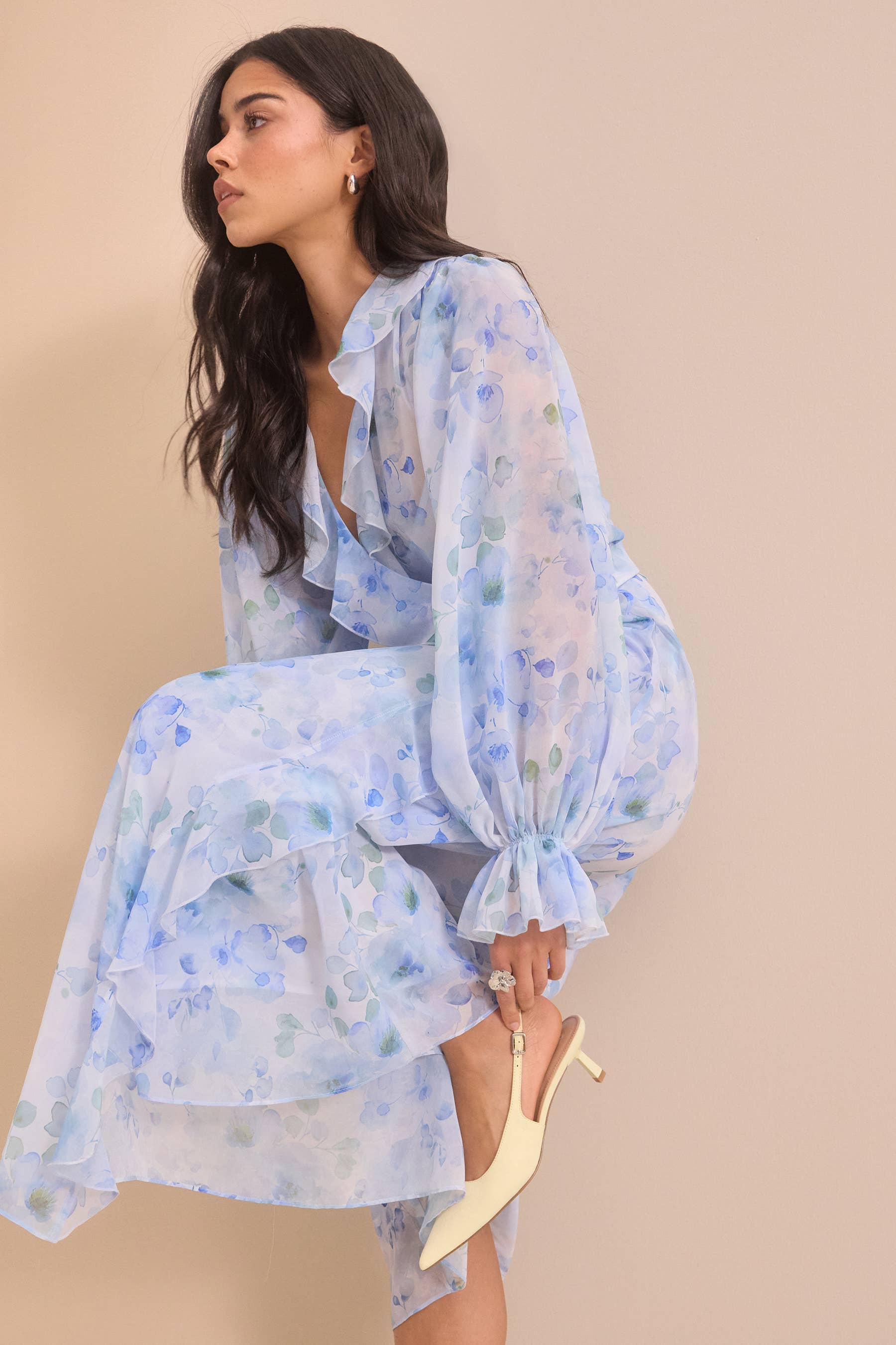 Bubbleroom occasion – Belted Chiffon Midi Dress – Blue – Blue / Floral