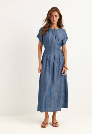 Denim Pleated Midi Dress