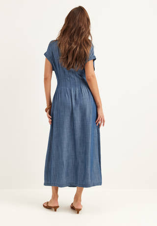 Denim Pleated Midi Dress