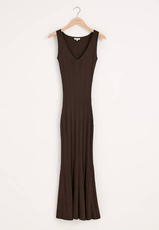 Knitted V-neck Dress Brown