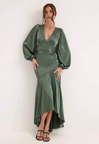 Satin Balloon Sleeve High Low