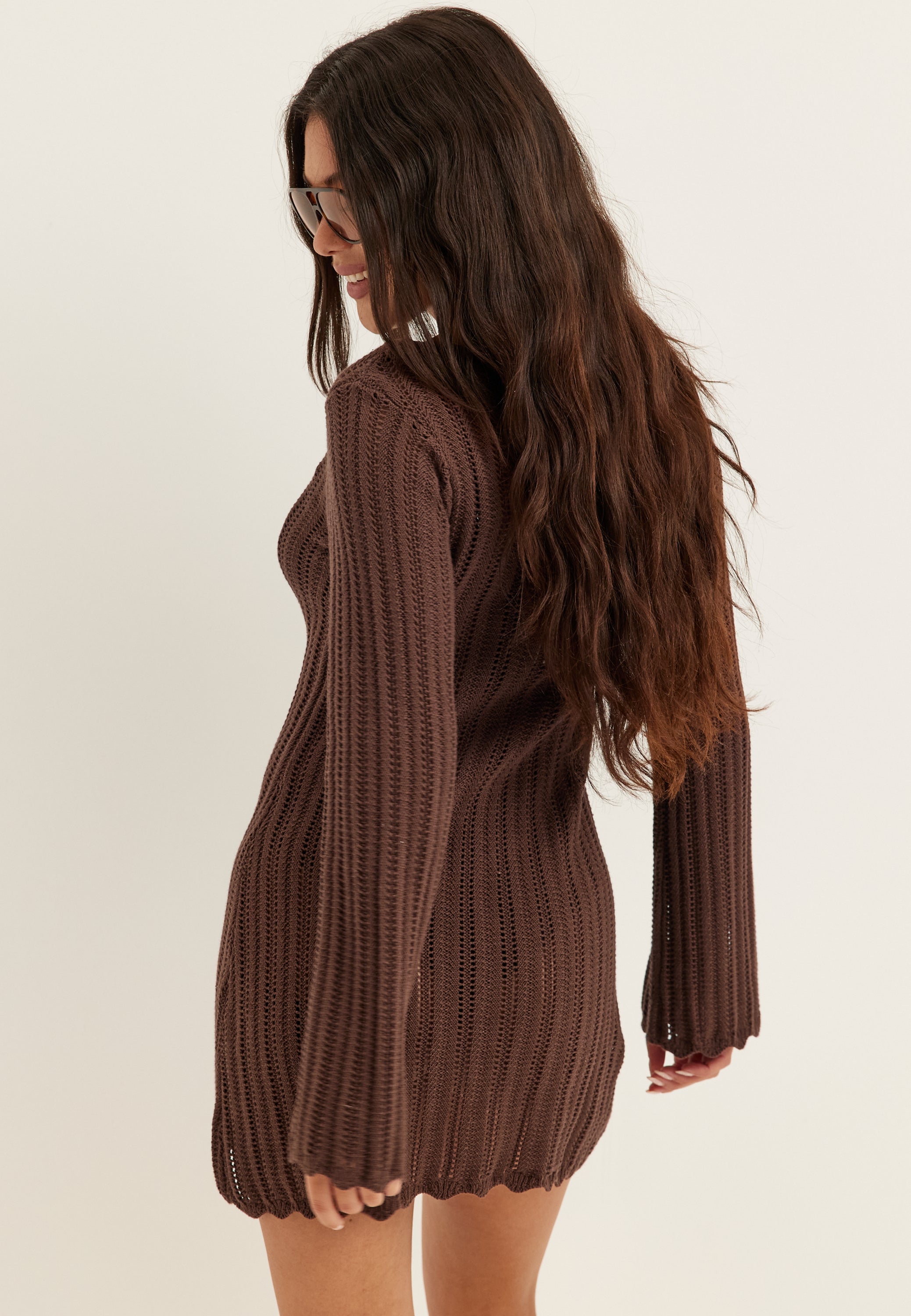 Bubbleroom – Boat Neck Structure Knitted Short Dress – Beach dresses – Brown