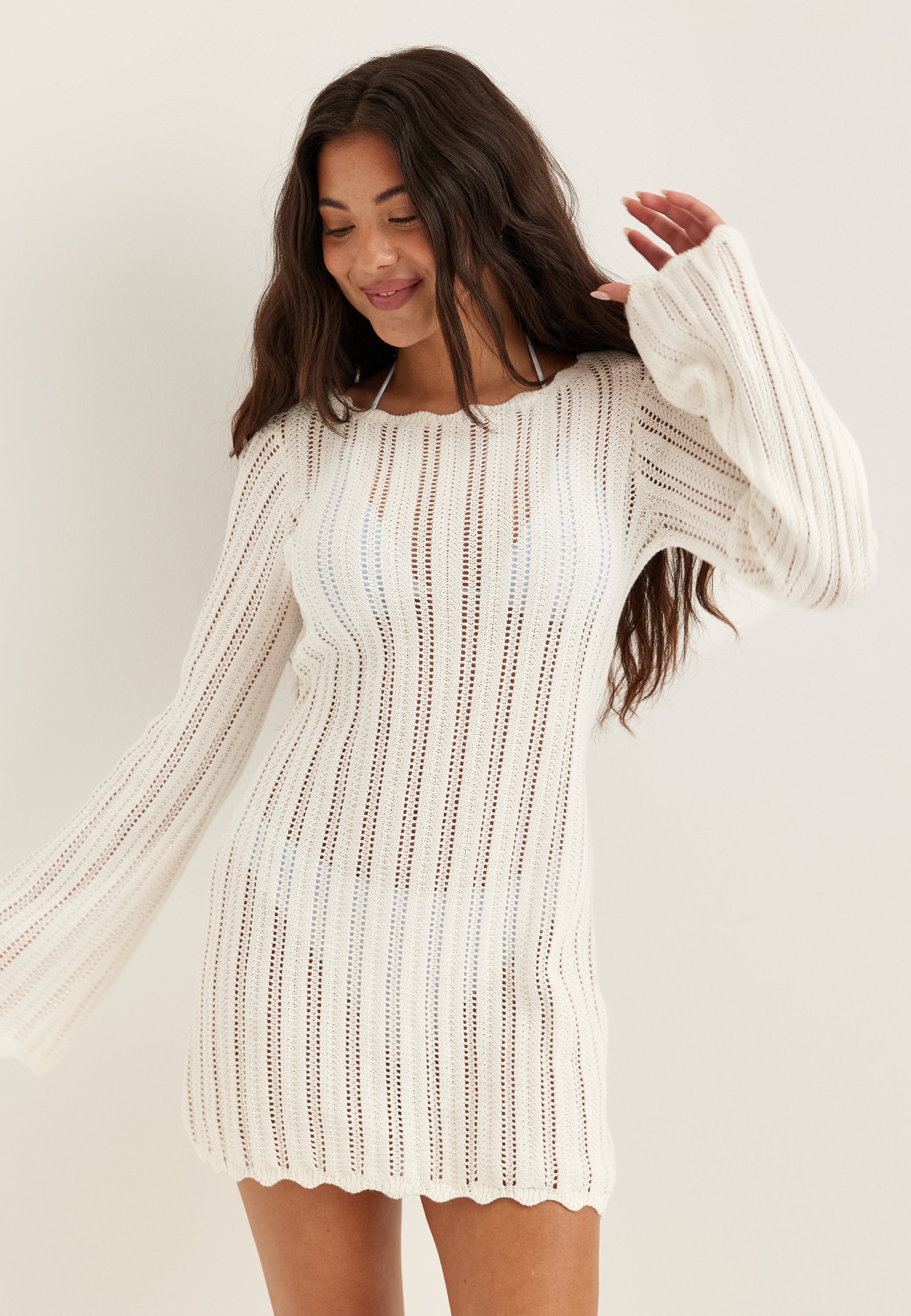 Bubbleroom – Boat Neck Structure Knitted Short Dress – Beach dresses – White