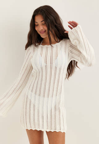 Boat Neck Structure Knitted Short Dress