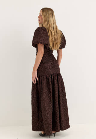 Puff Sleeve V-neck Jaqcuard Gown Brown