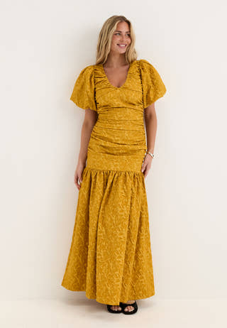 Puff Sleeve V-neck Jaqcuard Gown Yellow