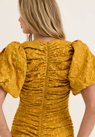 Puff Sleeve V-neck Jaqcuard Gown Yellow