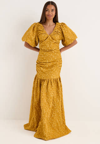 Puff Sleeve V-neck Jaqcuard Gown Yellow