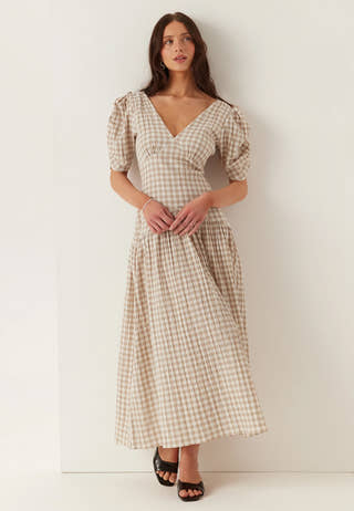 Ruched Puff Sleeve Ankle Dress