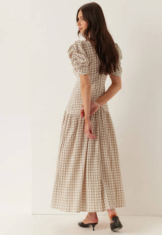 Ruched Puff Sleeve Ankle Dress